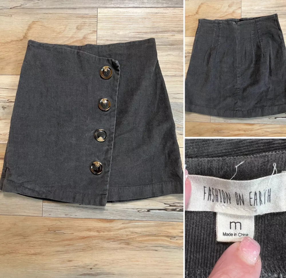 Fashion On Earth -Women's Medium - Gray Corduroy - Big Brown Buttons-Skirt